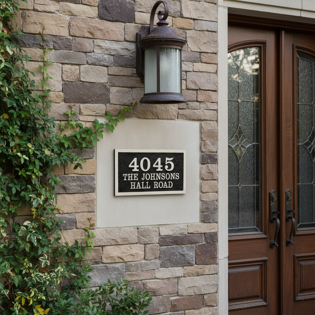 Limestone Engraved Address Number With A Square Border and a Black Background - Model No. R 204