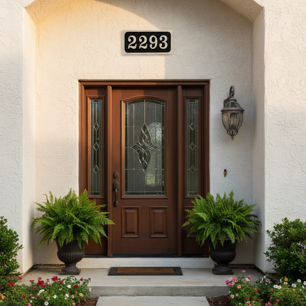 Limestone Engraved Address Number With A Rounded Border And A Black Background - Model No. R 201
